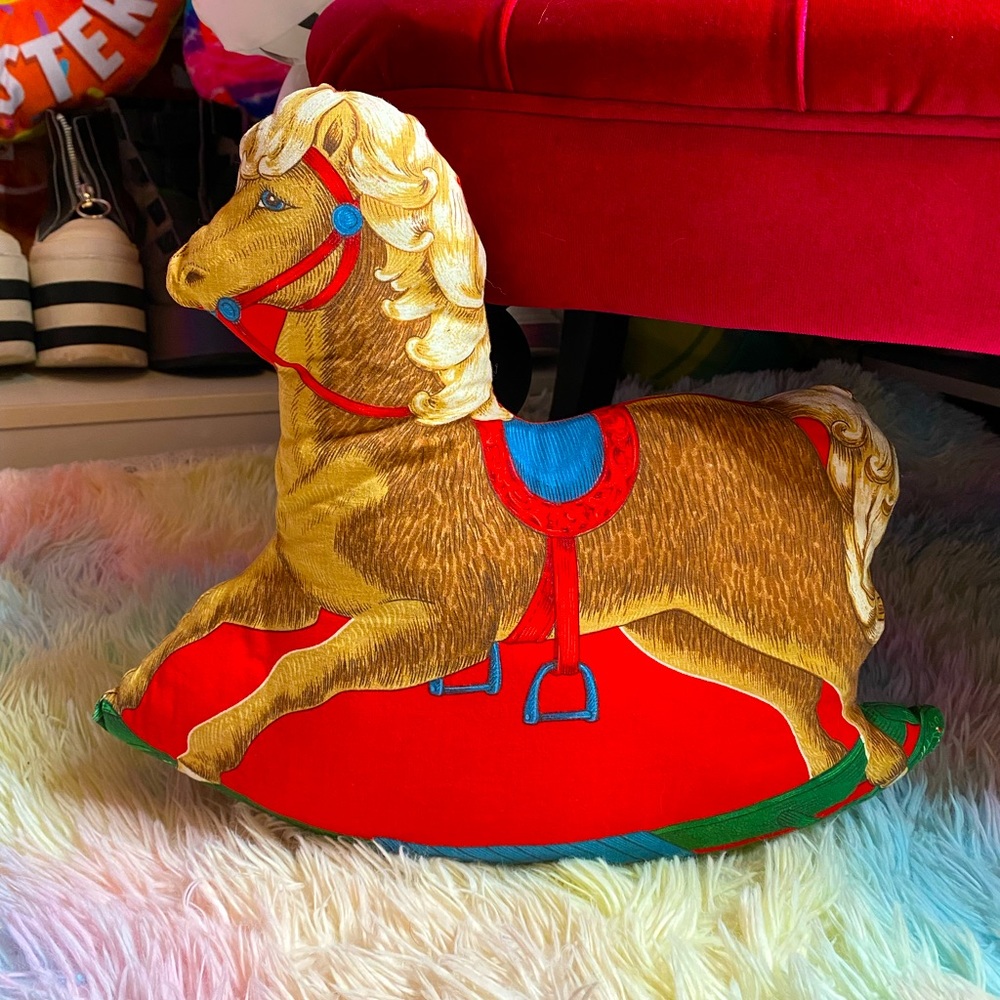 Vintage 80s quilt cutout Christmas rocking horse pillow